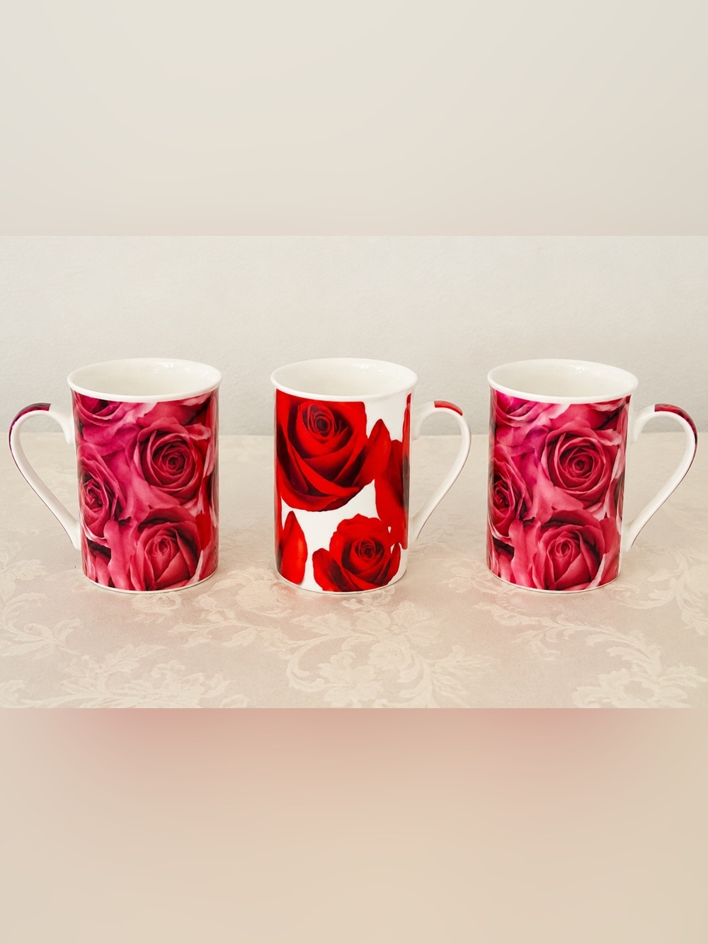 Rose Print Latte Mug Set Pink Floral Cottagecore Tea Coffee Cups NWOB - Picture 2 of 16
